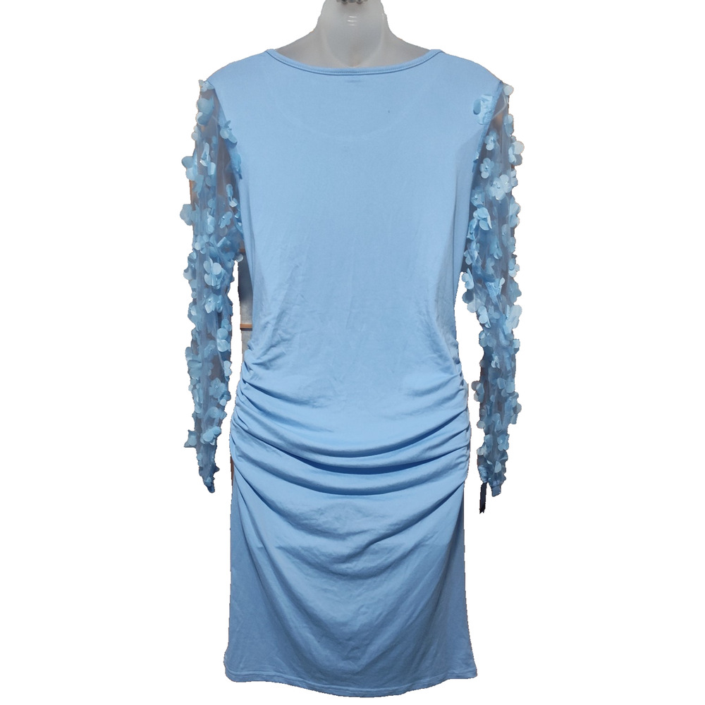 Women’s Light Blue Floral Mesh Sleeve Bodycon Style Mini Dress Size S BG40 - Picture 2 of 5